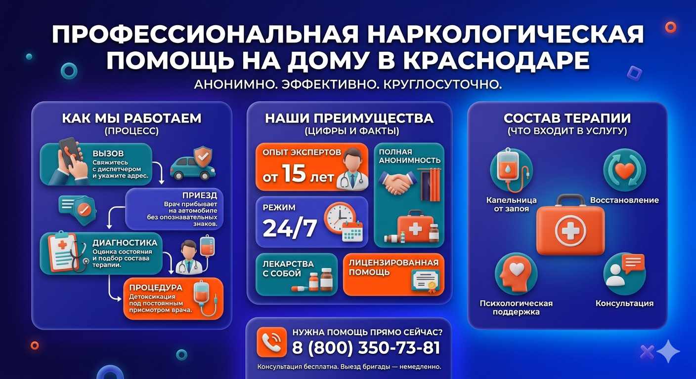 Инфографика о принципах лечения алкоголизма на дому в Минусинске: этапы вызова нарколога, преимущества анонимной детоксикации и состав медицинской помощи.